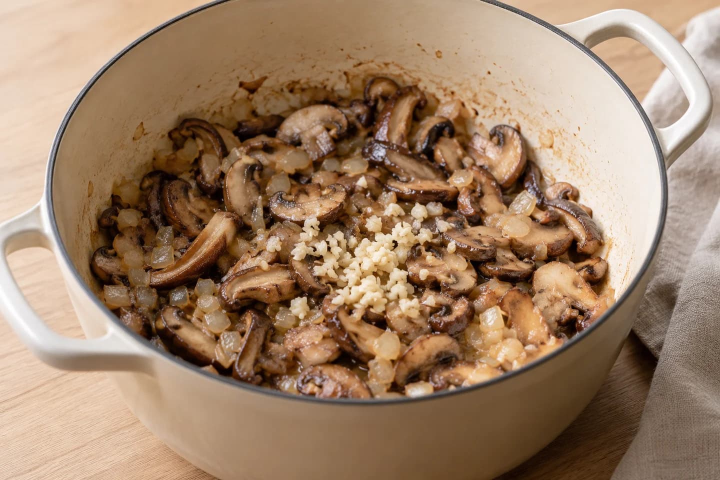 Mushroom Stroganoff: Return all mushrooms to the pot with onion and cook 5 minutes until tender; stir in garlic for 30 seconds