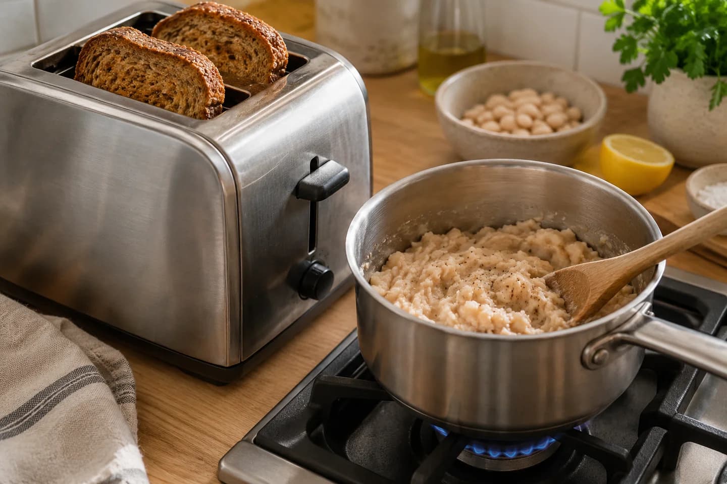 Mushroom White Bean Breakfast Toast: Toast the bread and warm the mashed beans in a small saucepan for 2–3 minutes