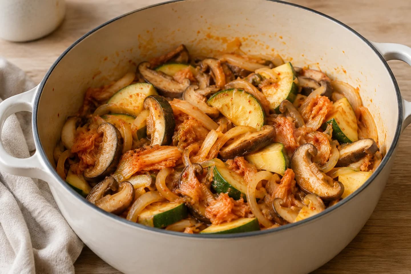 Mushroom-Zucchini Sundubu Jjigae: Stir in the garlic and ginger for 30 seconds, then add the mushrooms, zucchini, and kimchi