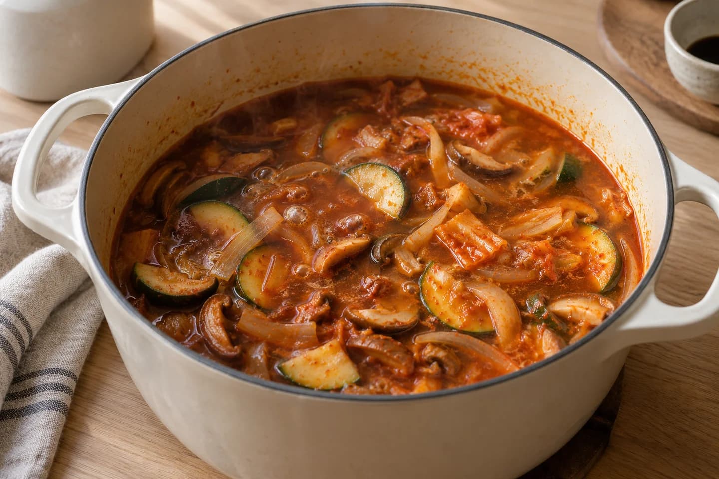 Mushroom-Zucchini Sundubu Jjigae: Stir in the gochujang and gochugaru, coating the vegetables