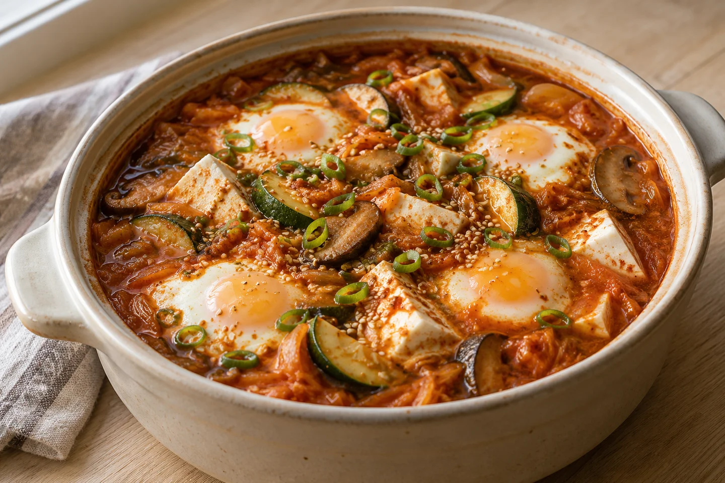 Soft tofu stew with mushrooms and zucchini