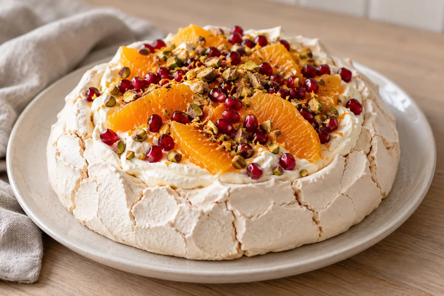 Orange-Cardamom Pavlova with Pomegranate & Pistachio
