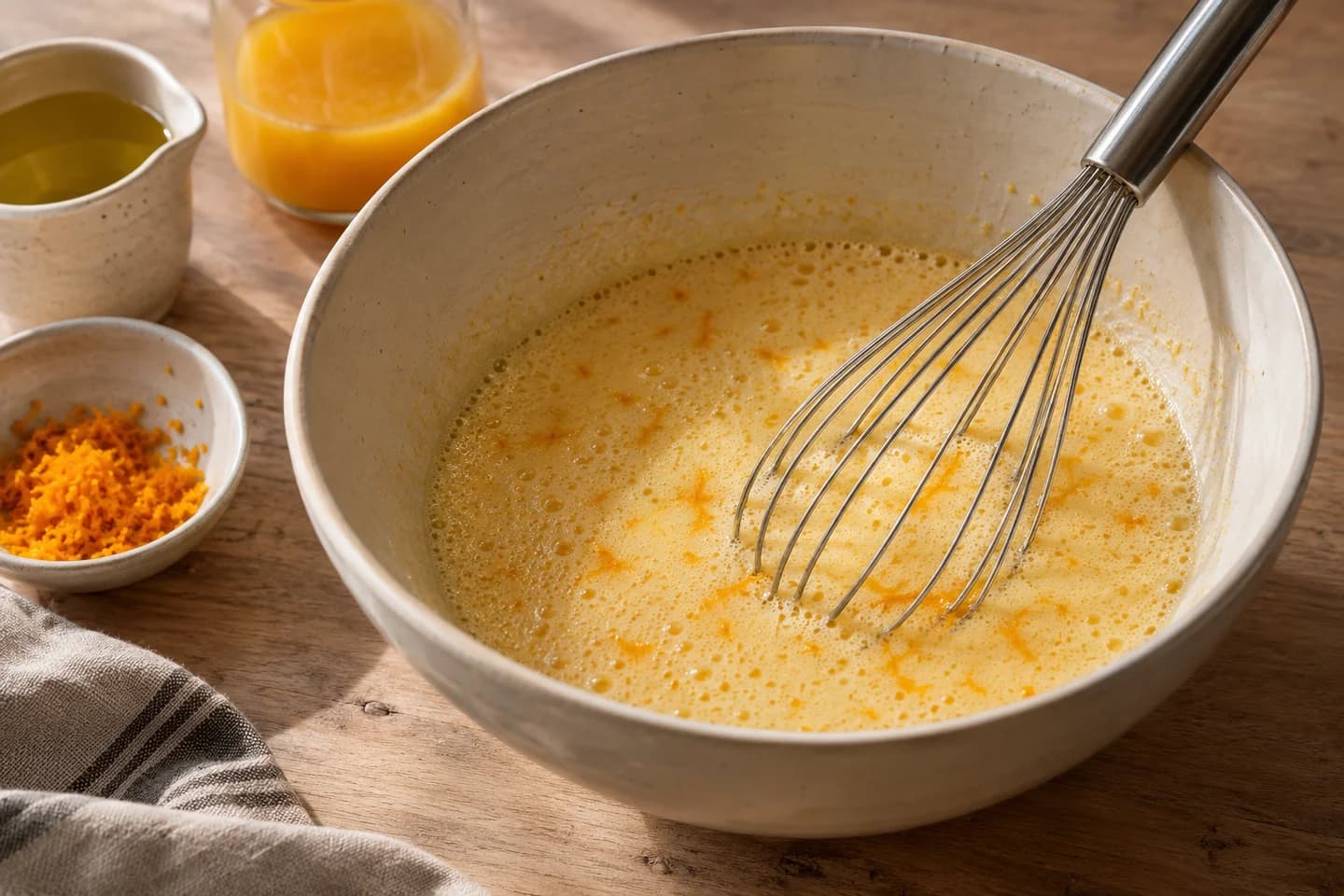 Orange Olive Oil Cake: Whisk eggs and sugar for 2 minutes until foamy