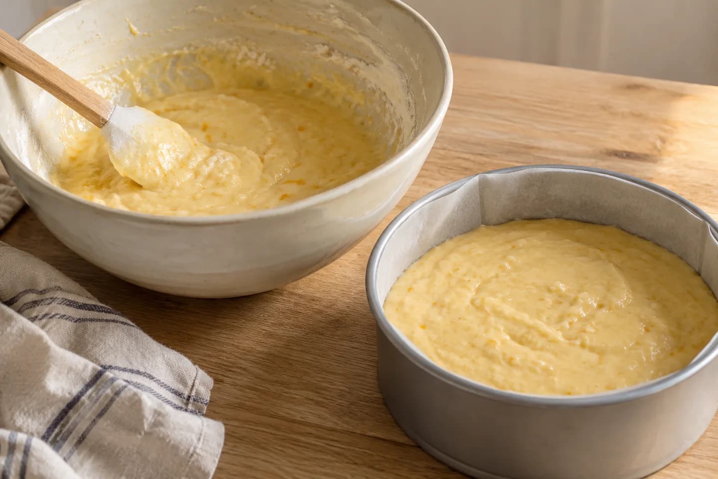 Orange Olive Oil Cake: Fold in flour, baking powder and salt and pour into the tin