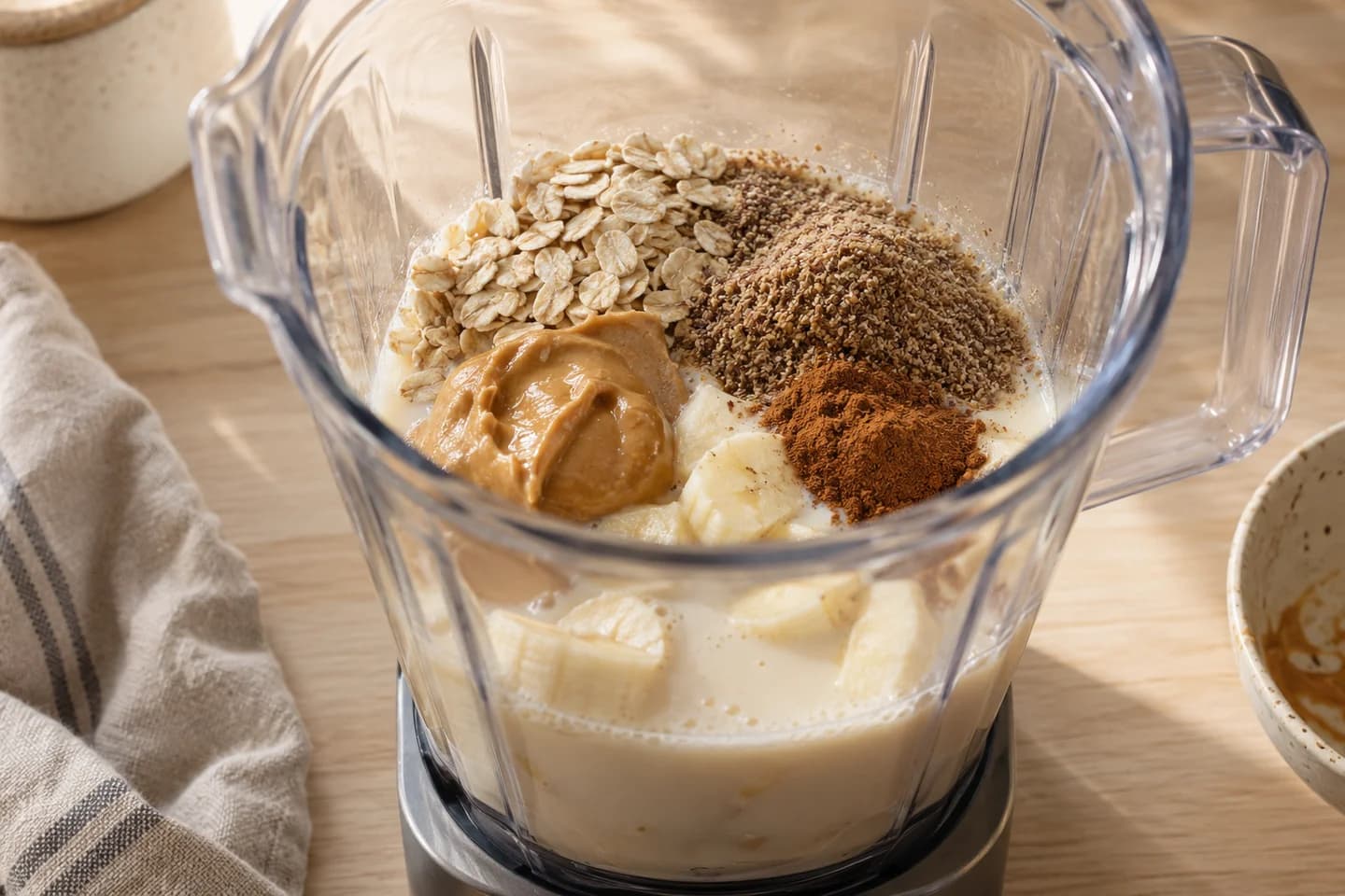 Peanut Butter Banana Smoothie: Add peanut butter, oats, flaxseed and cinnamon