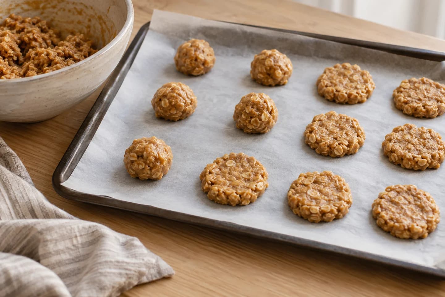 Peanut Butter Oat Cookies: Divide into 12 balls, place on the tray and flatten to about 1 cm thick