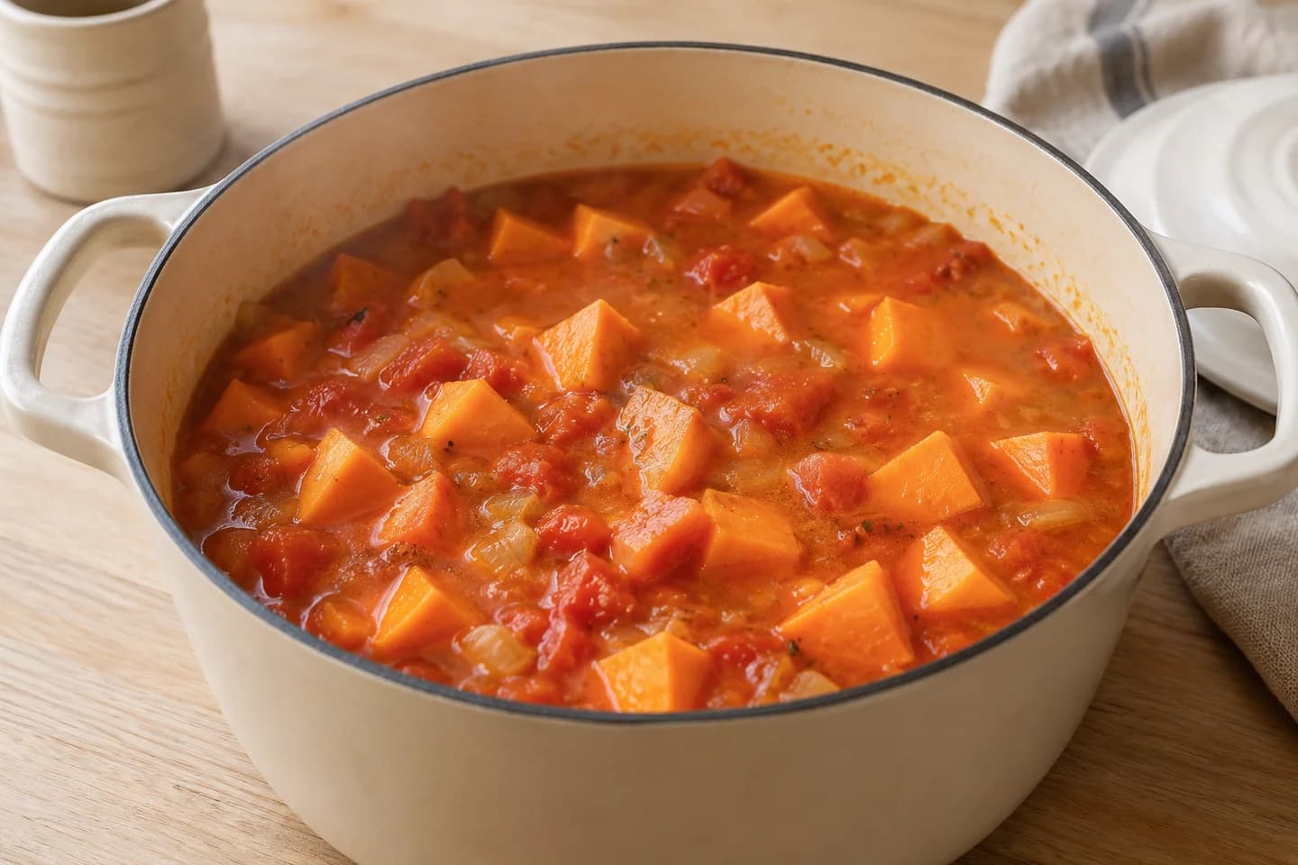 Peanut Sweet Potato Chickpea Stew: Add sweet potatoes, tomatoes, stock and salt