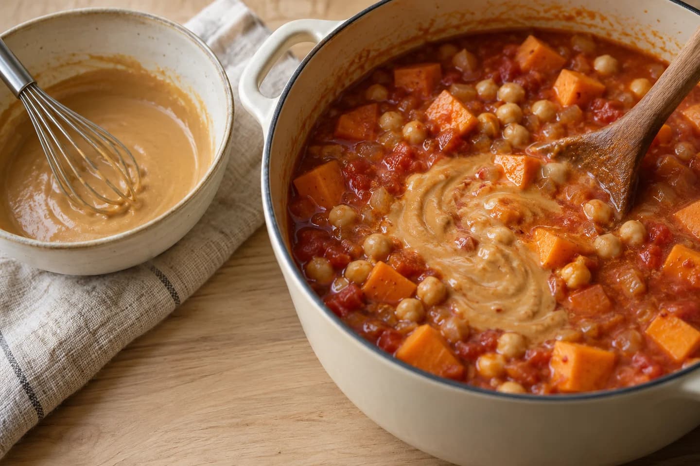 Peanut Sweet Potato Chickpea Stew: Whisk peanut butter with a little hot broth, then stir it into the stew with chickpeas