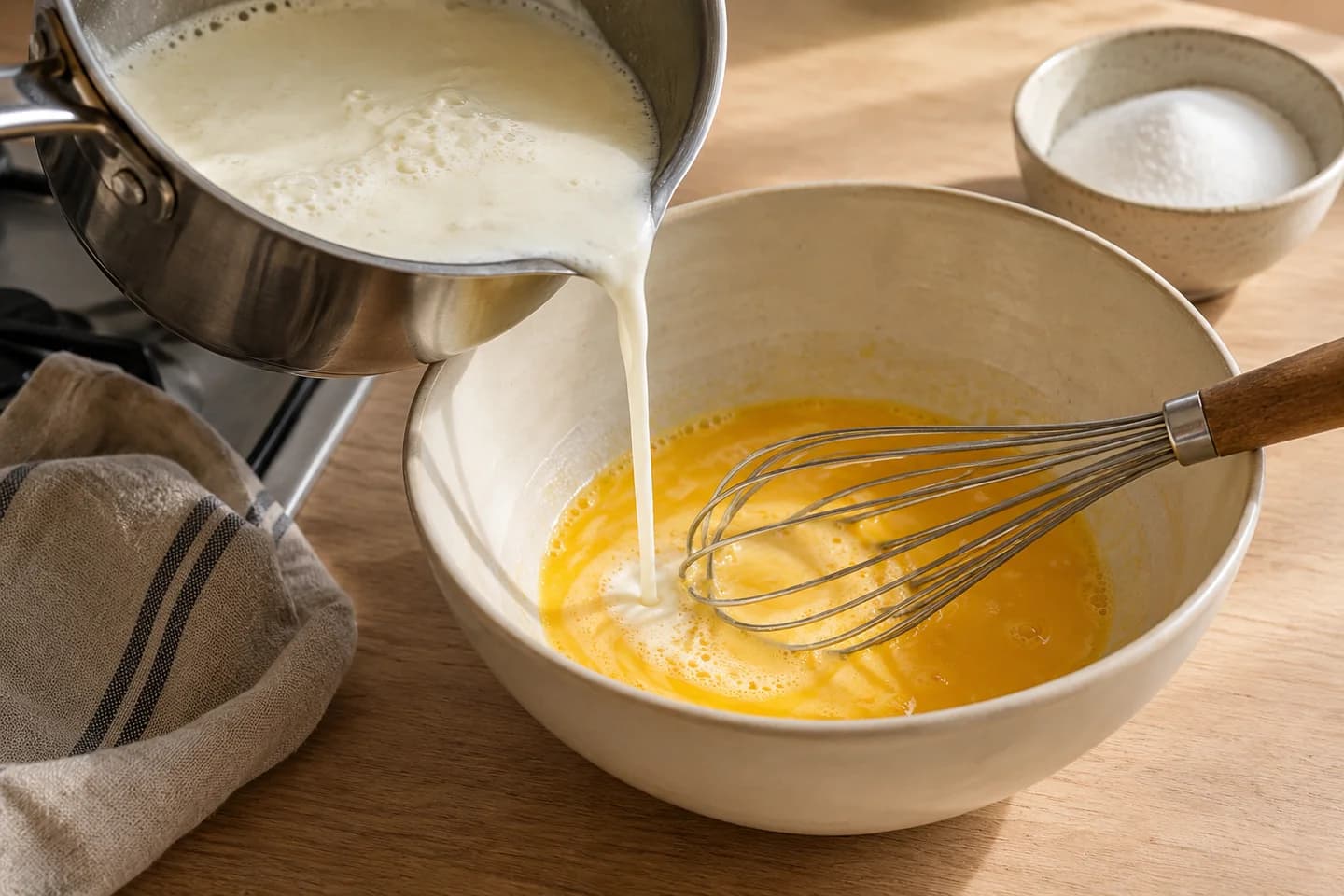 Peppermint Dark Chocolate Pots de Crème: Bring heavy cream, milk, and sugar to a simmer