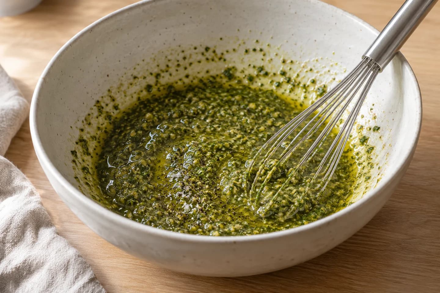 Pesto Chickpea Pasta Salad: Whisk the pesto, olive oil, lemon juice, salt, and pepper in a large bowl