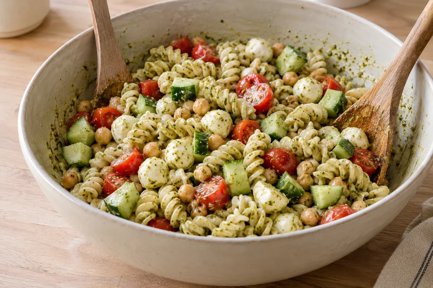 Pesto Chickpea Pasta Salad: Add the pasta, chickpeas, tomatoes, cucumber, and vegetarian mozzarella