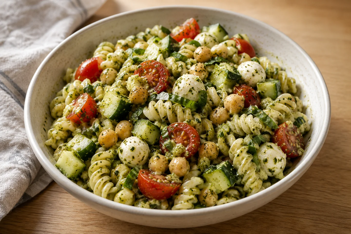Pasta salad with pesto, chickpeas, and tomatoes