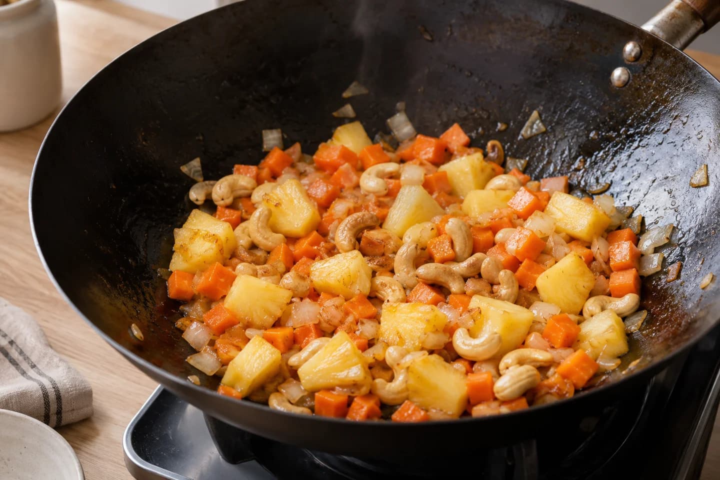Pineapple Cashew Fried Rice: Heat oil in a wok