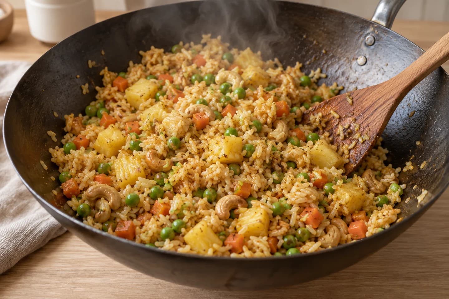 Pineapple Cashew Fried Rice: Add peas, curry powder, rice and soy sauce