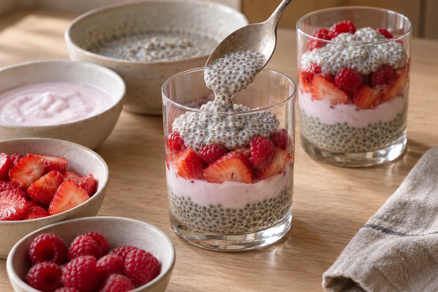 Pistachio Rose Overnight Chia Parfaits: Layer glasses with chia pudding, rose yogurt, sliced strawberries, and raspberries