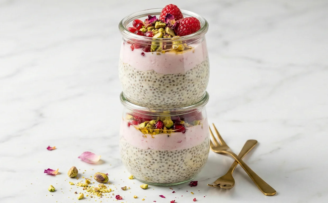 Glass jar of pistachio rose chia parfait