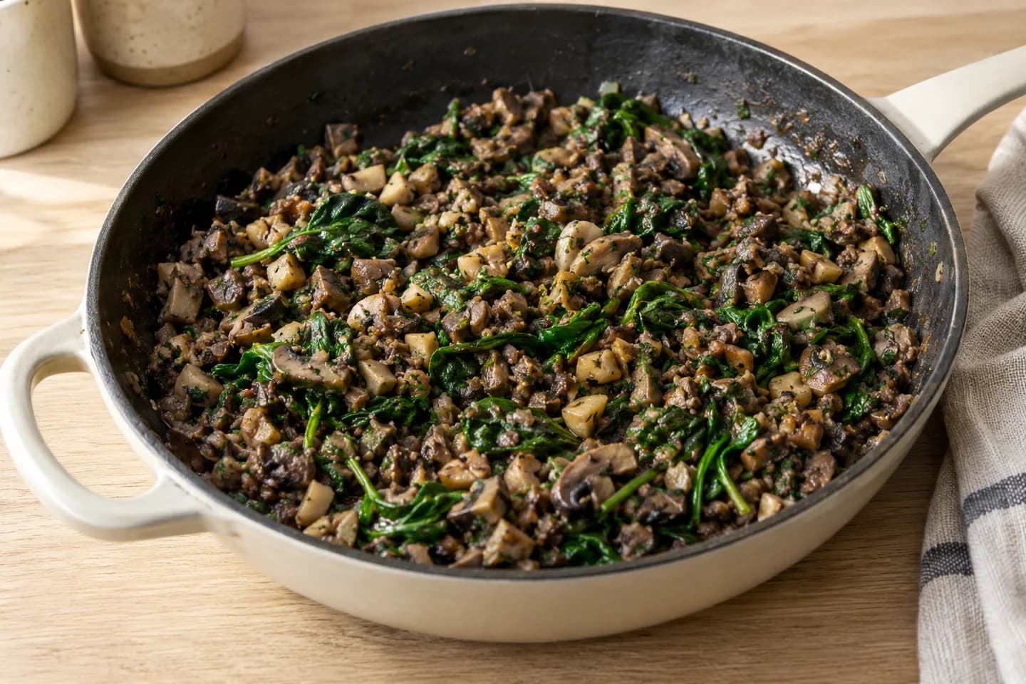 Porcini Roasted Mushroom Wellington: Deglaze with sherry, add tamari, thyme, chopped chestnuts, spinach, and reserved porcini liquid reduced to 2 tablespoons; cook until mixture is dry