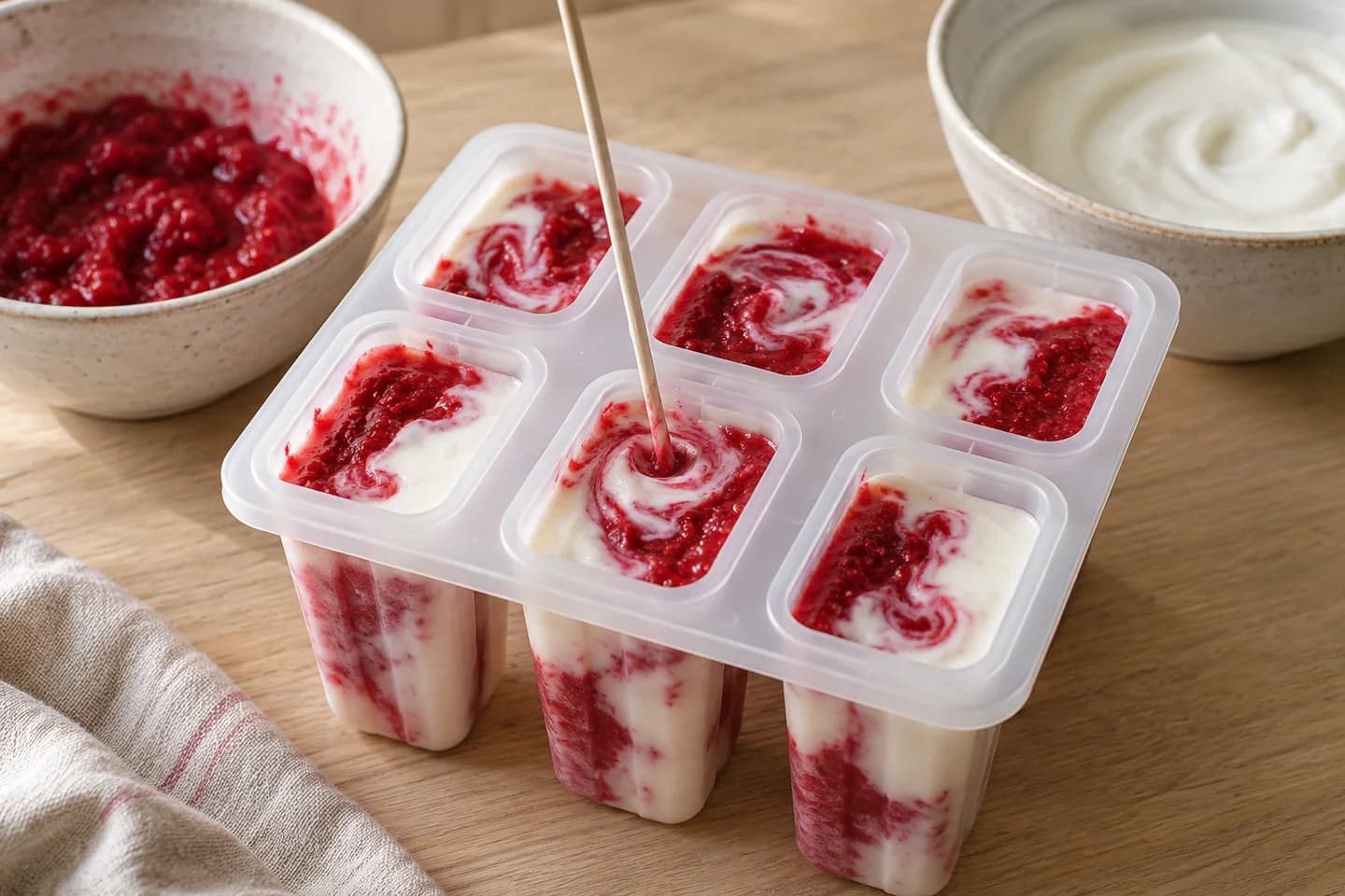 Raspberry Coconut Yogurt Pops: Layer yogurt and raspberry mixture in six ice-pop molds and swirl gently with a skewer