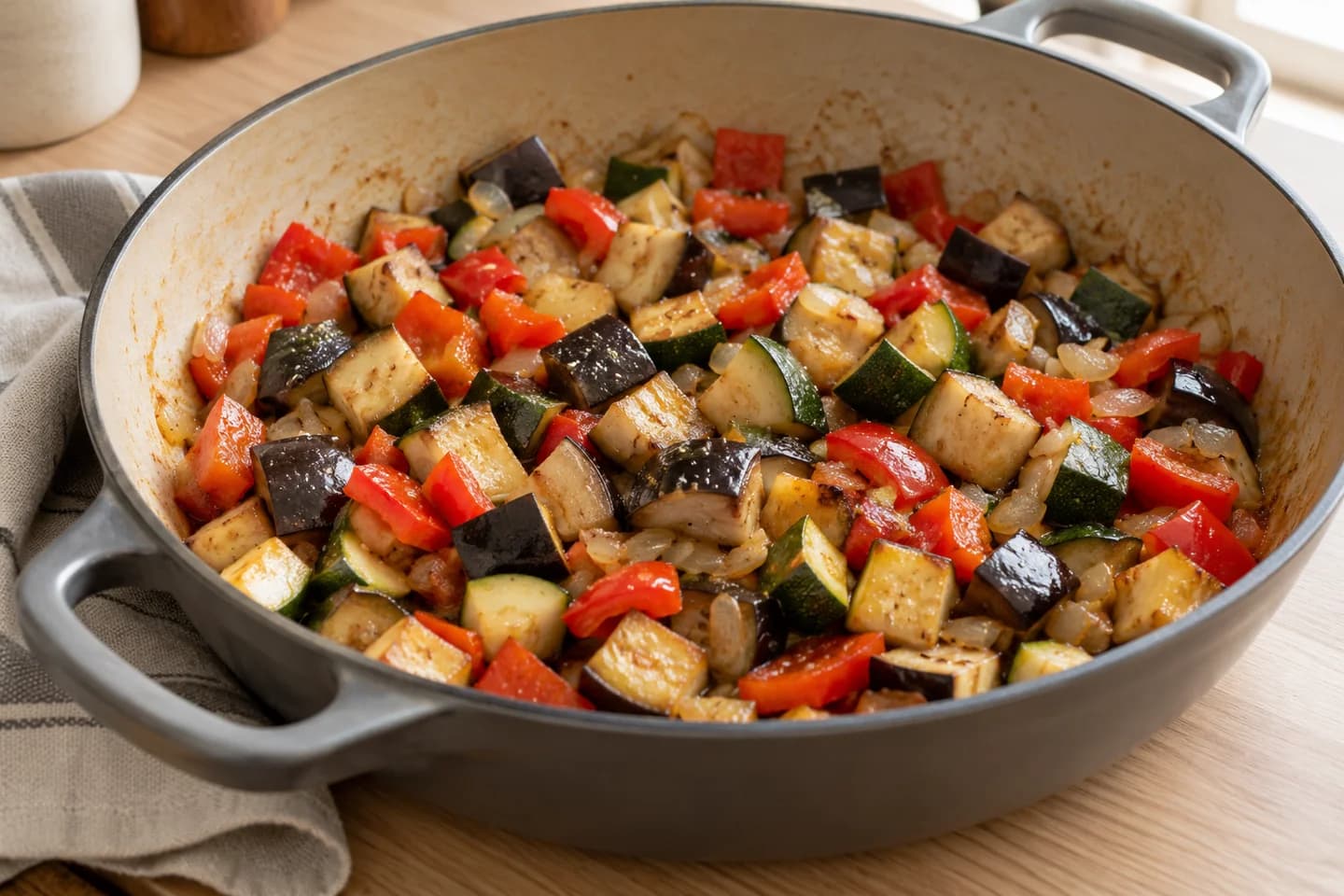 Ratatouille with Creamy Polenta: Add eggplant, zucchini, and pepper with a pinch of salt, cooking 8 minutes until lightly browned