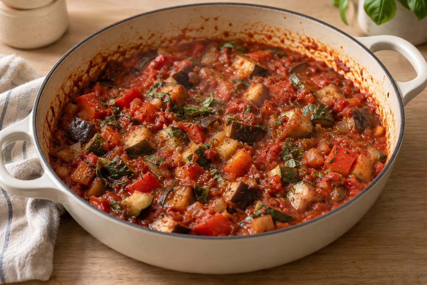 Ratatouille with Creamy Polenta: Stir in garlic, herbes de Provence, and crushed tomatoes; simmer 15 minutes until vegetables collapse and sauce thickens, then finish with basil and pepper