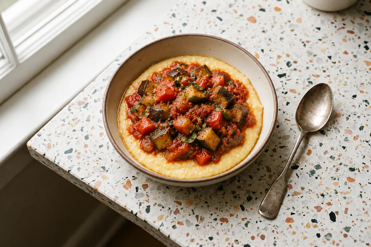 Bowl of ratatouille served over creamy polenta