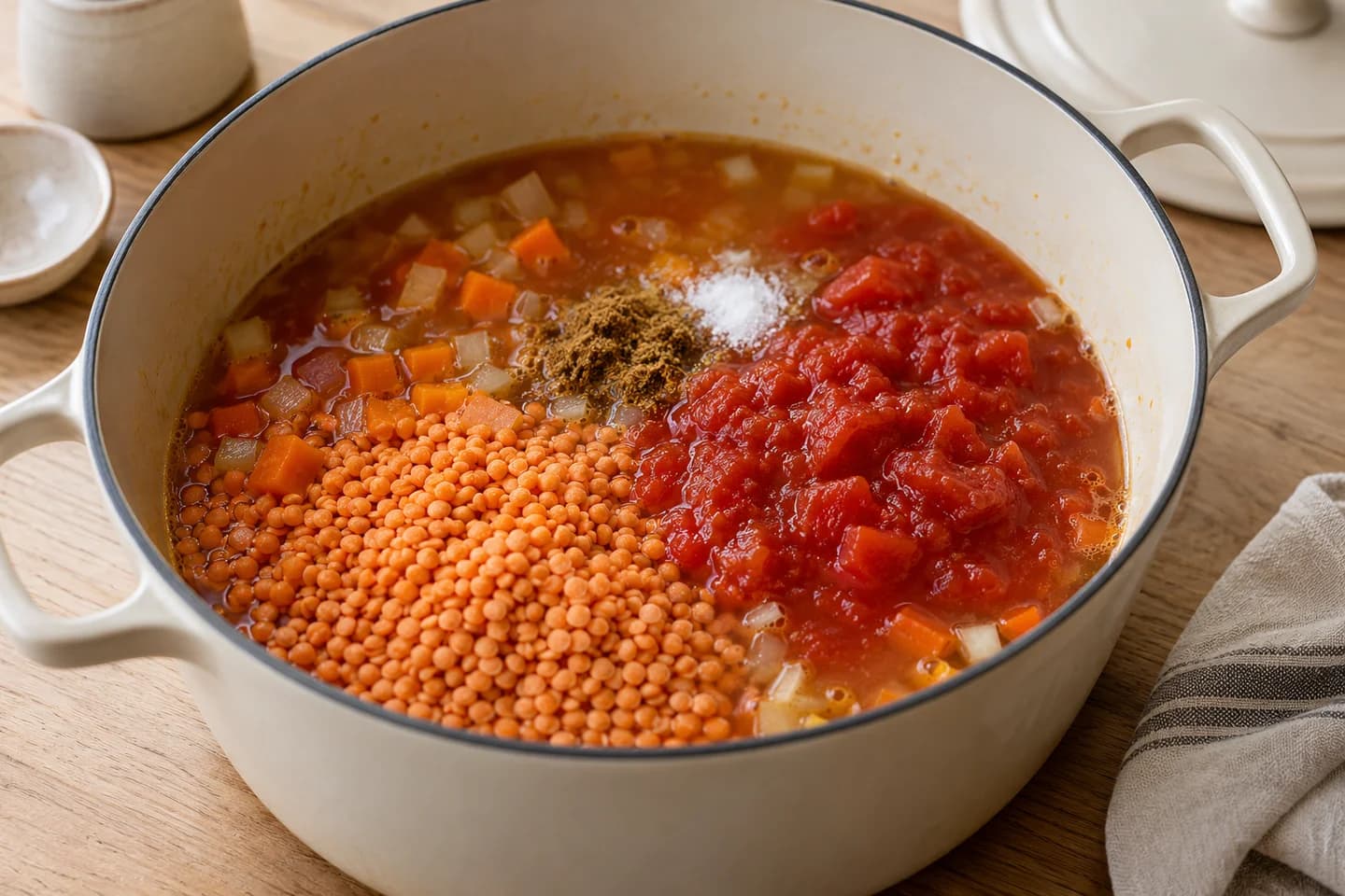 Red Lentil Tomato Soup: Add garlic and cumin and stir for 1 minute