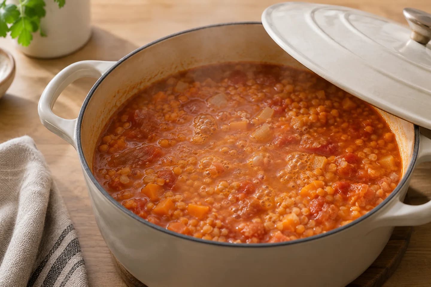 Red Lentil Tomato Soup: Bring to a boil, then simmer partially covered for 20–22 minutes until the lentils collapse
