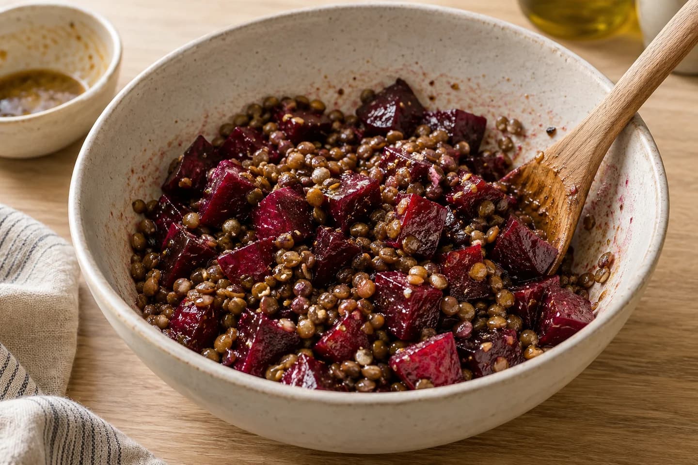 Roasted Beet Lentil Salad: Toss warm beetroot and lentils with the dressing