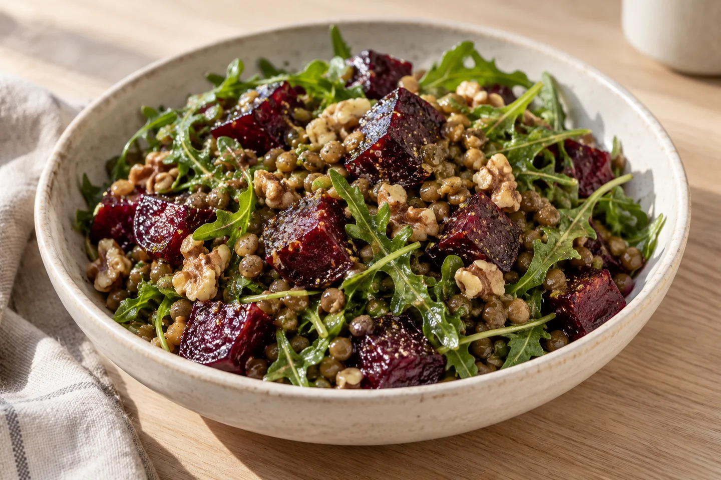 Roasted Beet Lentil Salad, ready to serve