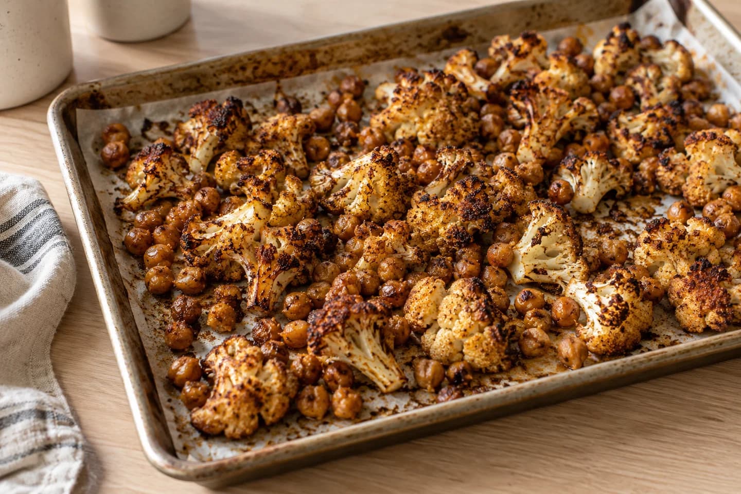 Roasted Cauliflower Shawarma Flatbreads: Roast for 20–25 minutes, stirring halfway, until the florets are deeply browned at the edges and the chickpeas turn crisp