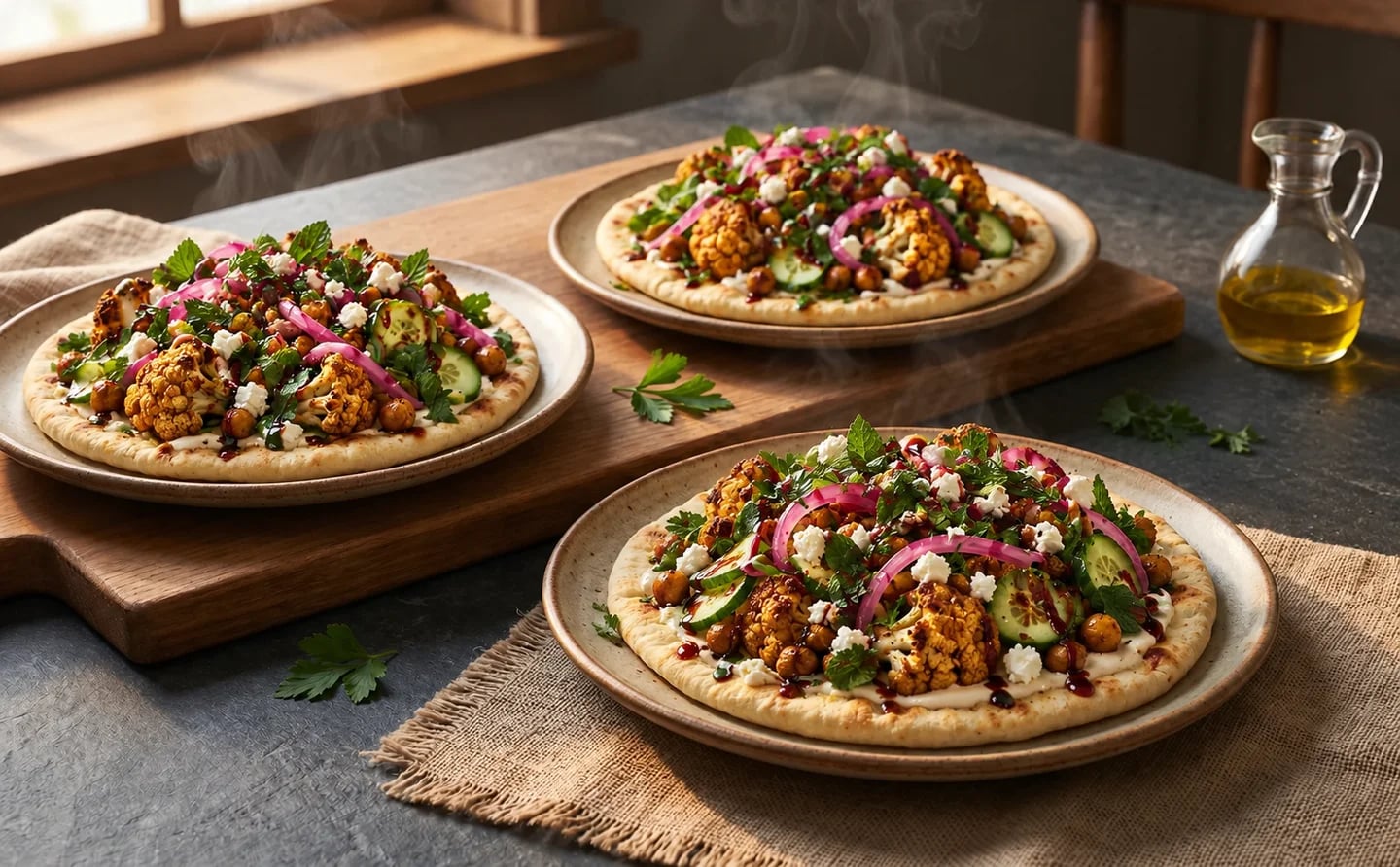 Cauliflower and chickpea flatbreads with tahini yogurt, pickled onion, cucumber, herbs and feta