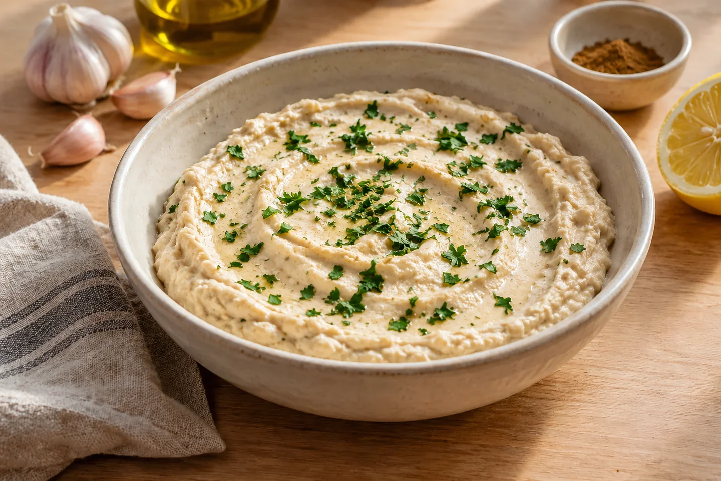 Roasted Garlic White Bean Dip, ready to serve