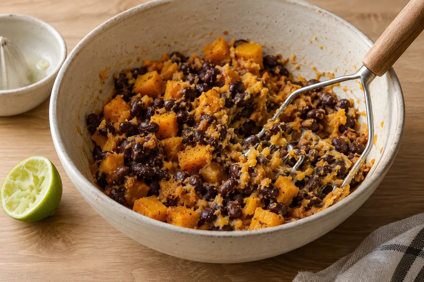 Roasted Squash Black Bean Quesadillas: Mash squash roughly with black beans and lime juice