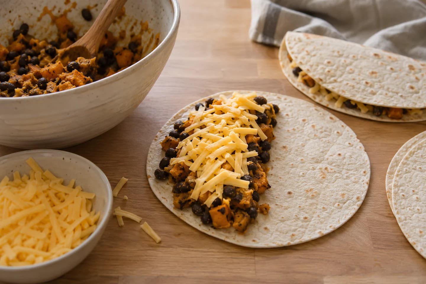 Roasted Squash Black Bean Quesadillas: Spread filling over half of each tortilla, add cheddar and fold closed