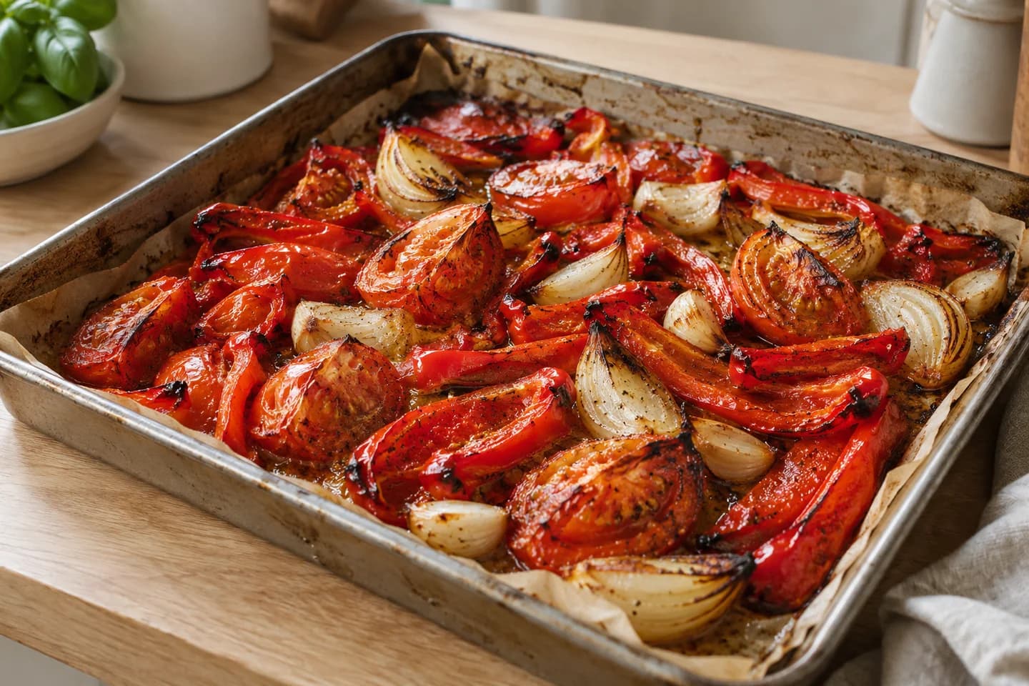 Roasted Tomato Red Pepper Soup: Roast for 30–35 minutes until the peppers are soft and the tomato edges are browned