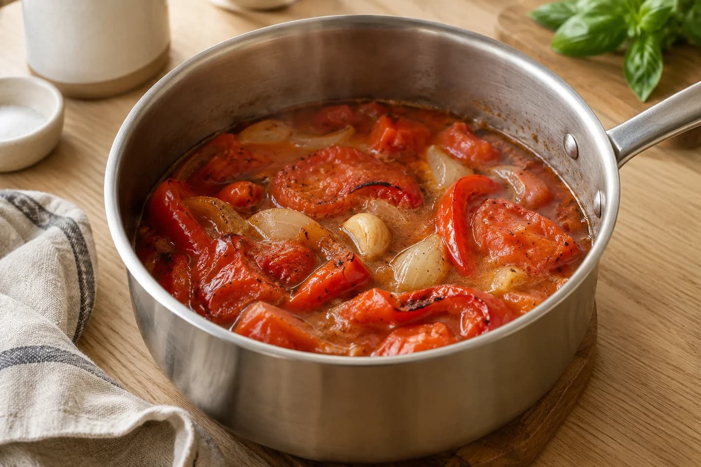 Roasted Tomato Red Pepper Soup: Transfer vegetables and their juices to a saucepan