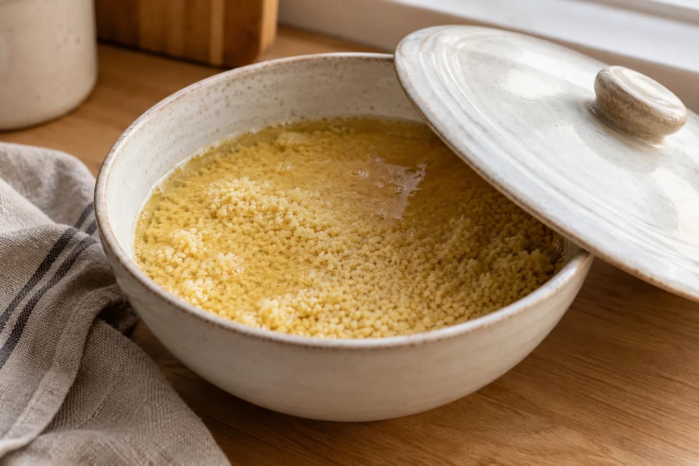 Roasted Vegetable Couscous: Place couscous in a bowl with hot stock and cover for 5 minutes; follow the packet if it specifies a different ratio