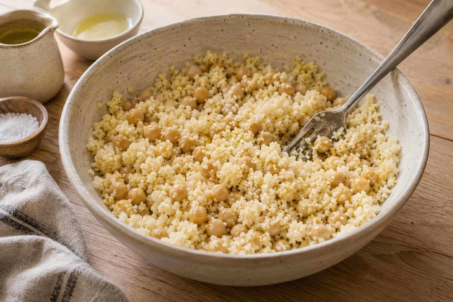 Roasted Vegetable Couscous: Fluff with a fork and stir in chickpeas, remaining oil, lemon juice and remaining salt