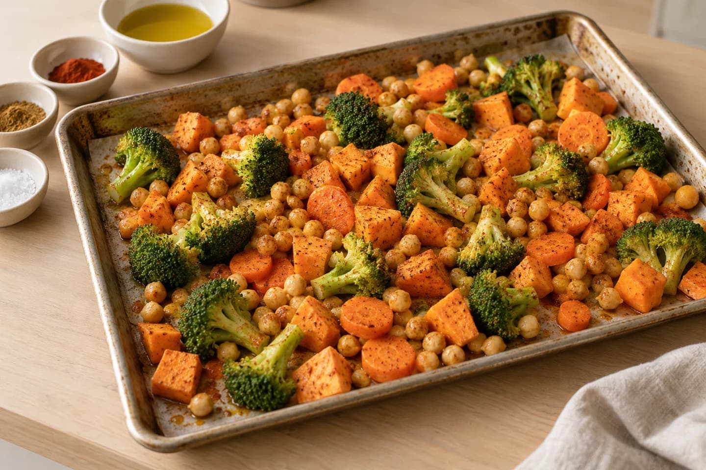 Roasted Veggie Buddha Bowl: On a large sheet pan toss broccoli, carrots, sweet potato, and chickpeas with olive oil, paprika, cumin, and salt