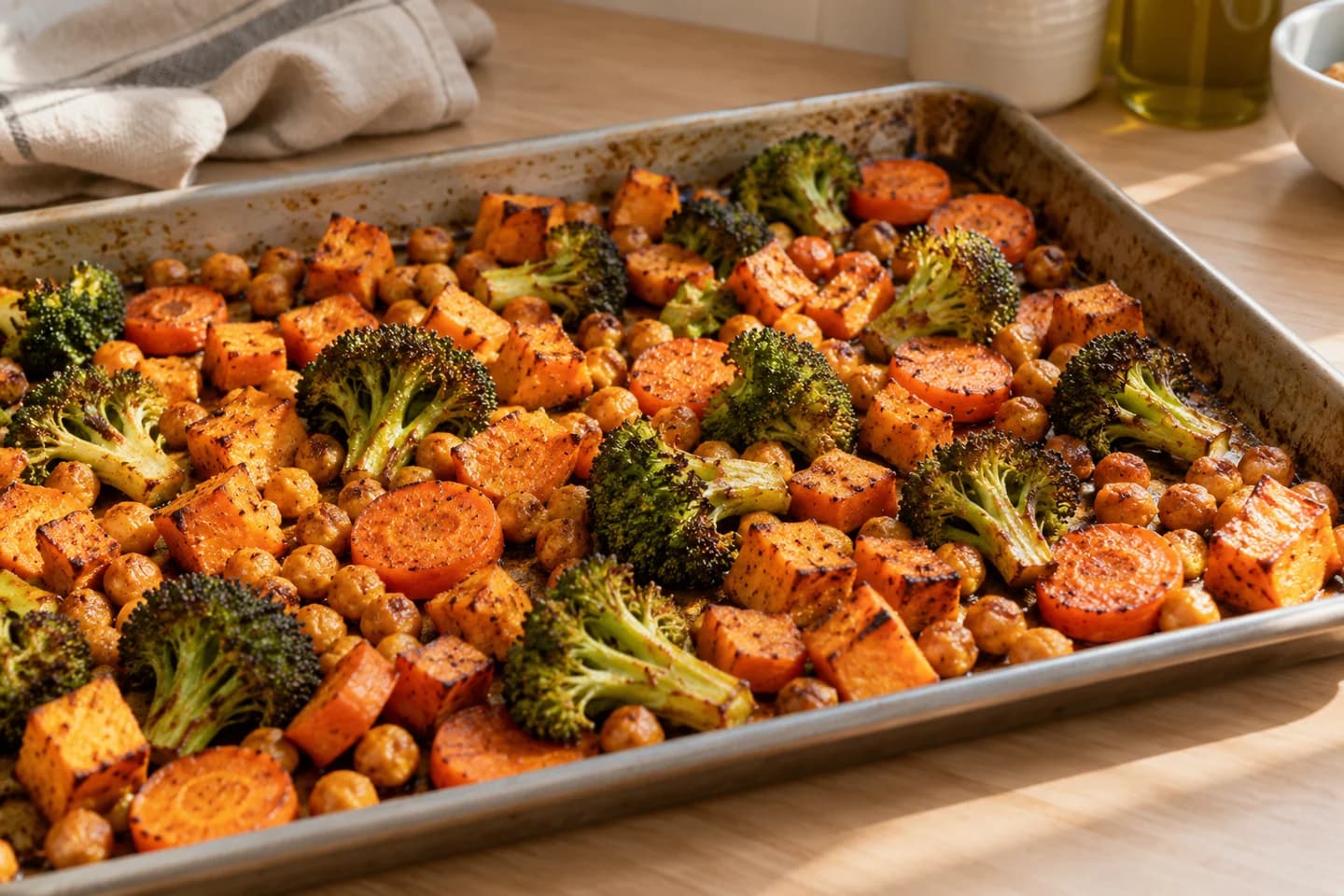 Roasted Veggie Buddha Bowl: Roast at 425°F (220°C) for 25 minutes, stirring once, until caramelized