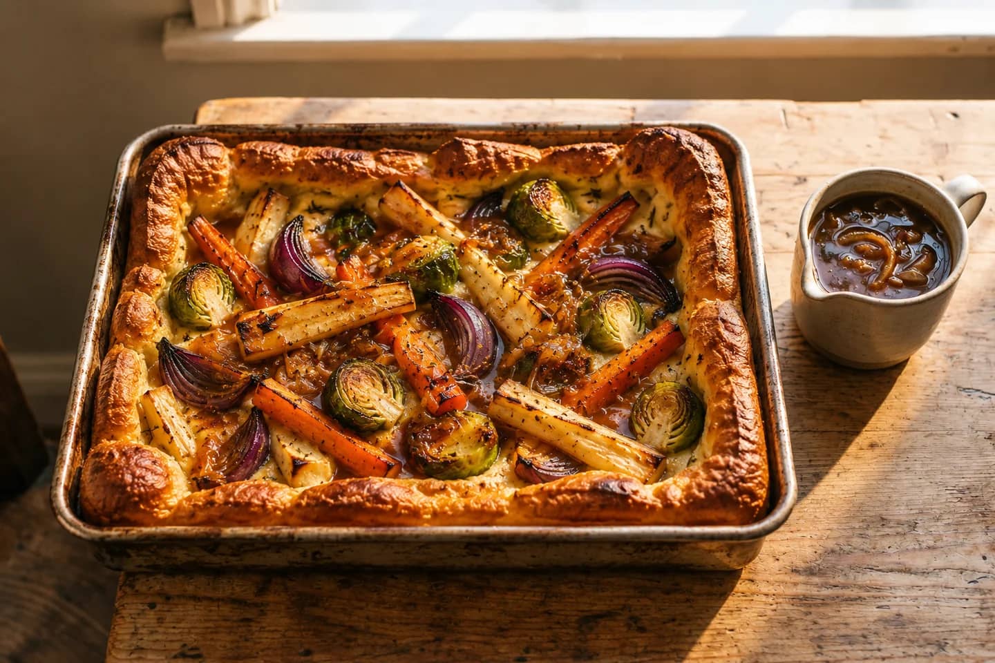 Root Vegetable Toad-in-the-Hole with Onion Ale Gravy