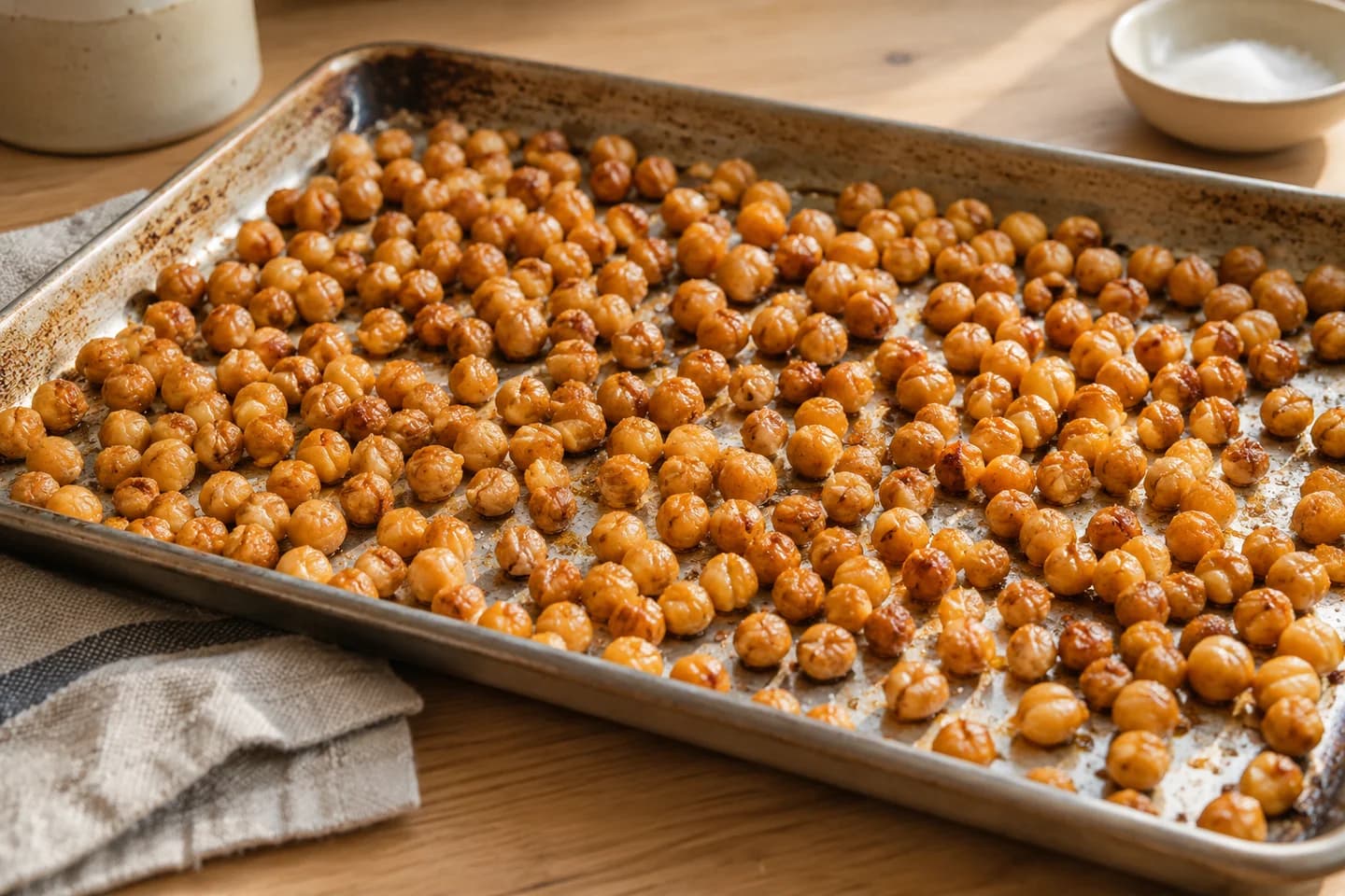 Rosemary Roasted Chickpeas: Roast for 30–35 minutes, shaking the tray twice, until dry and crisp