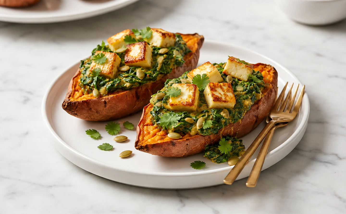 Sweet potatoes filled with saag paneer
