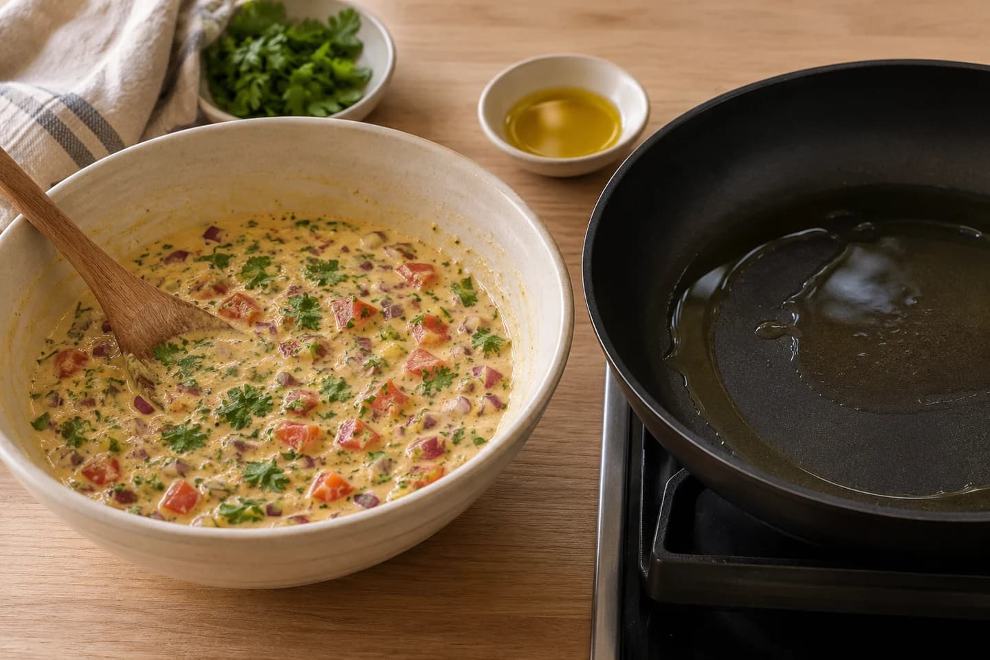Savory Chickpea Flour Omelet: Stir in tomato, onion and cilantro