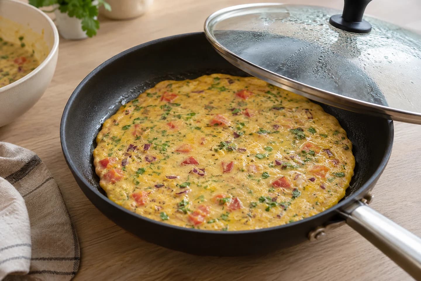 Savory Chickpea Flour Omelet: Pour in half the batter, spread to a 20 cm circle and cover
