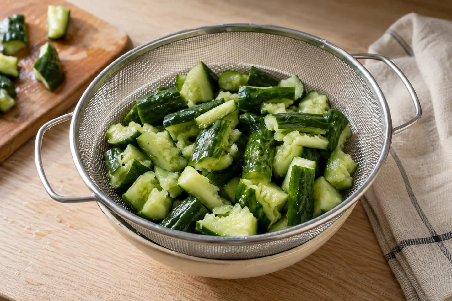 Sesame Cucumber Smashed Salad: Cut into bite-sized pieces and let drain in a sieve for 5 minutes