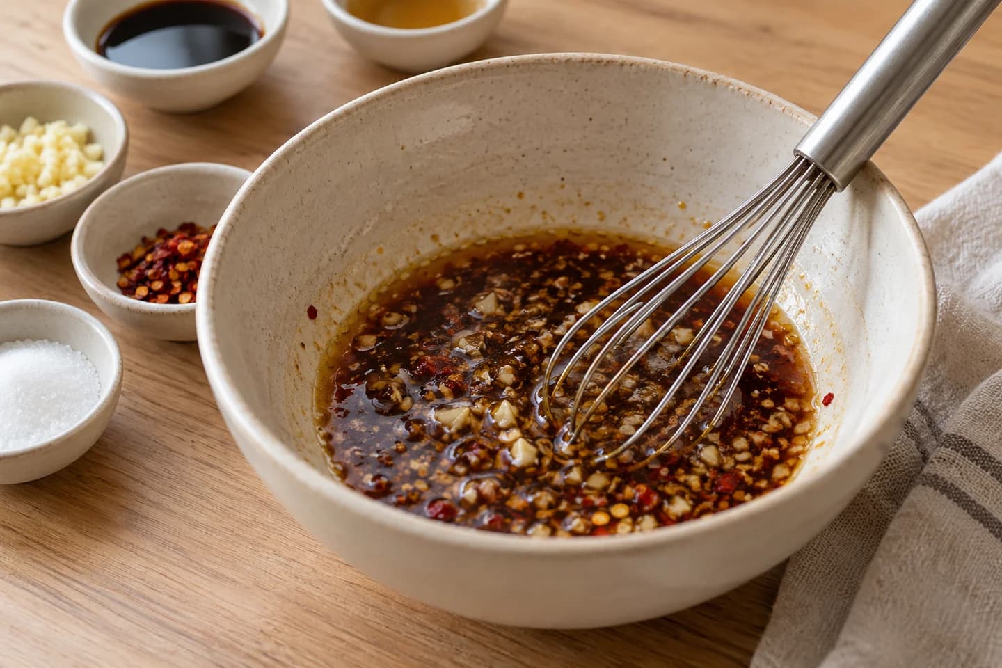 Sesame Cucumber Smashed Salad: Whisk vinegar, soy sauce, sesame oil, garlic, sugar and chili