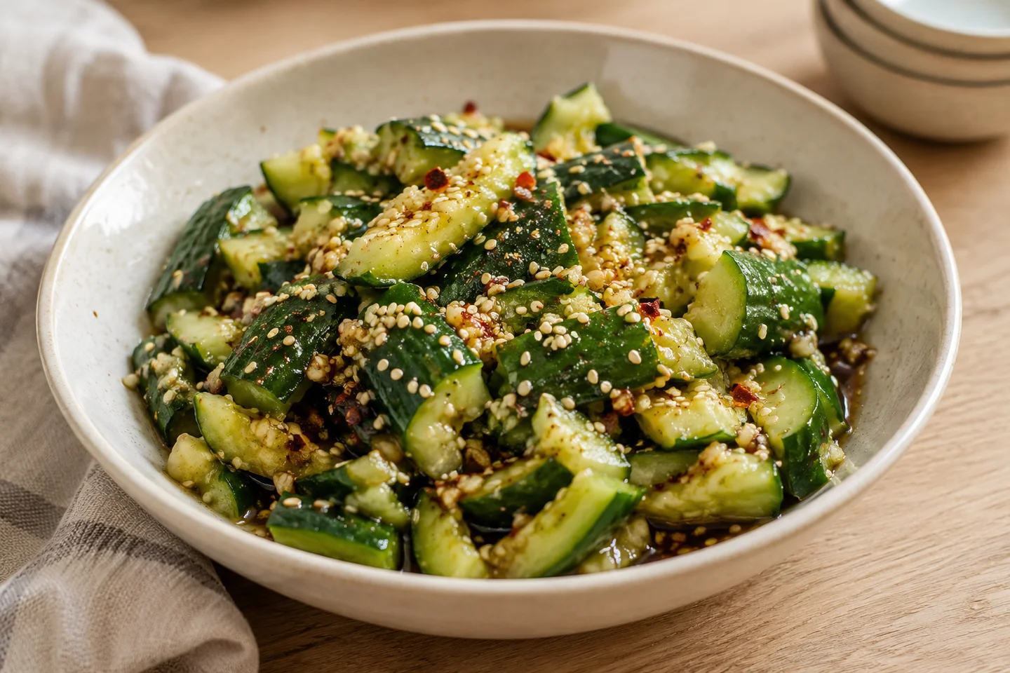 Sesame Cucumber Smashed Salad, ready to serve