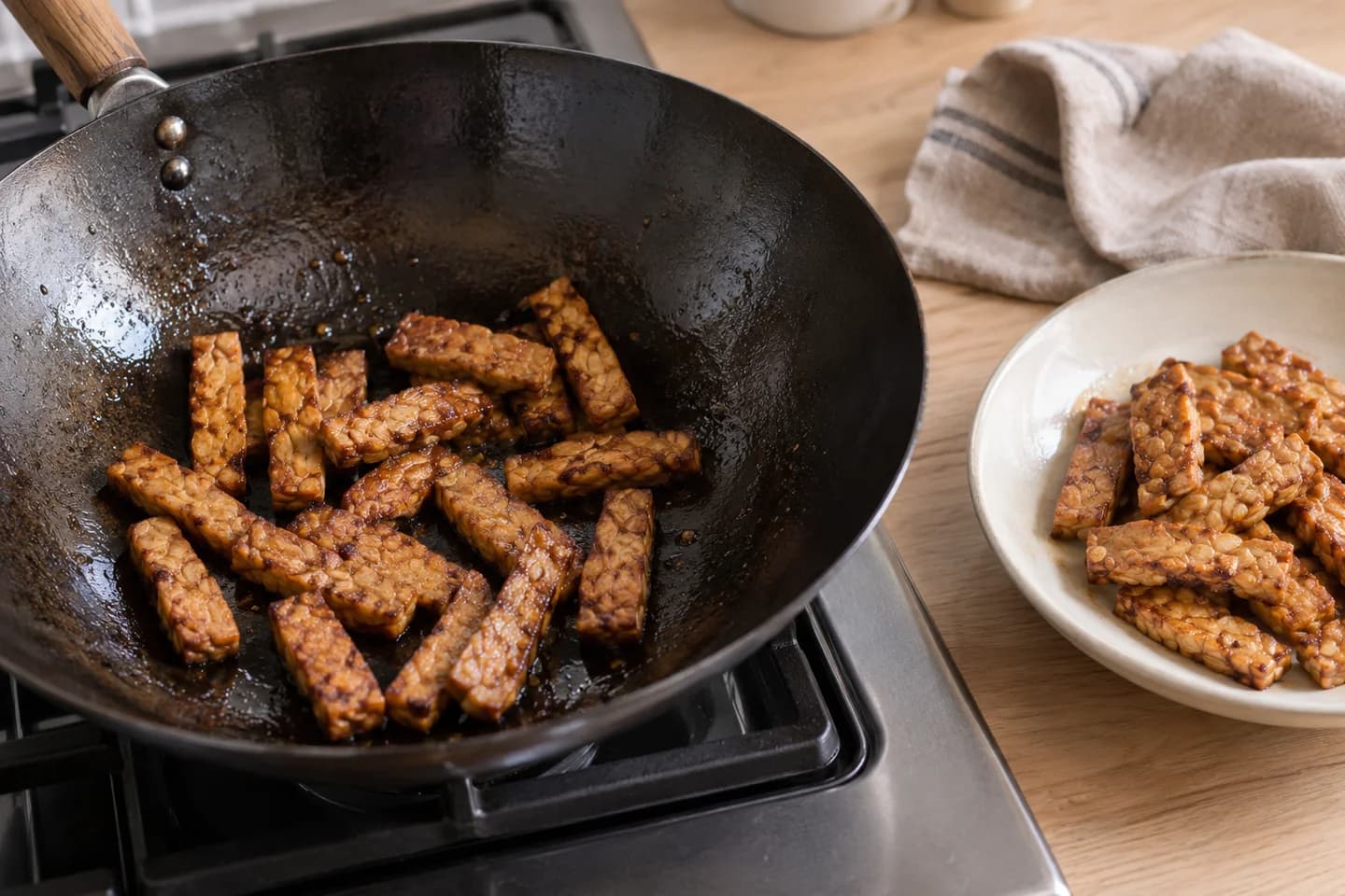 Sesame Ginger Tempeh Stir-Fry: Heat half the oil in a wok over medium-high heat