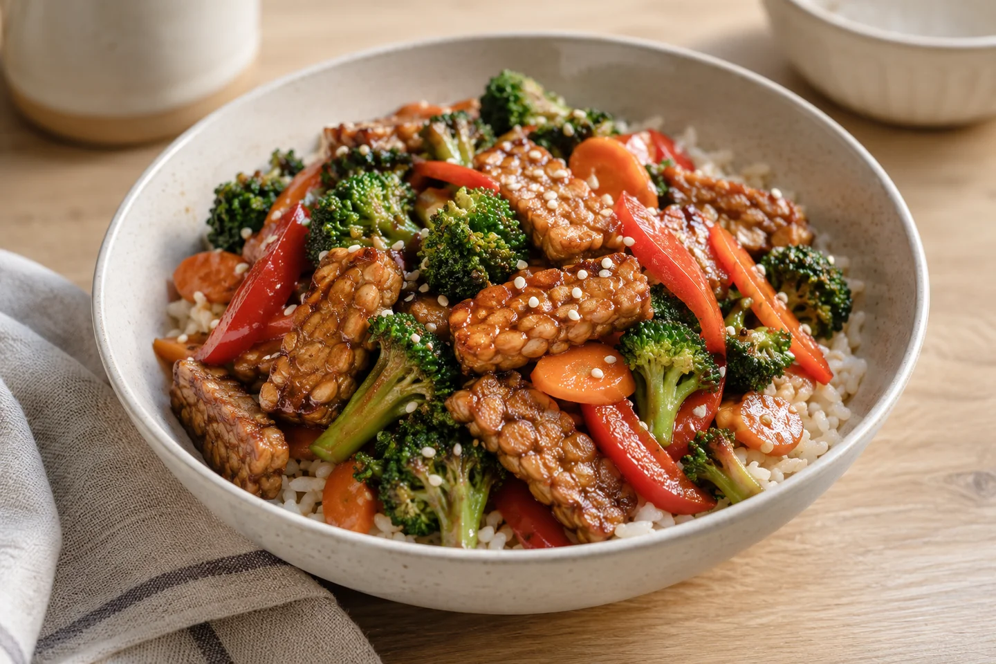 Sesame Ginger Tempeh Stir-Fry, ready to serve